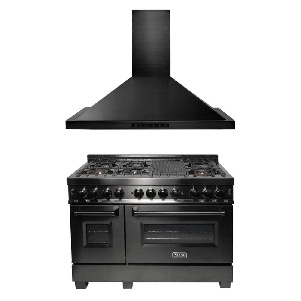 Z-Line - 48'' Kitchen Package with Black Stainless Steel Dual Fuel Range and Convertible Vent Range Hood - Black Stainless