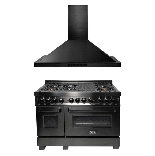 Z-Line - 48'' Kitchen Package with Black Stainless Steel Dual Fuel Range and Convertible Vent Range Hood - Black Stainless