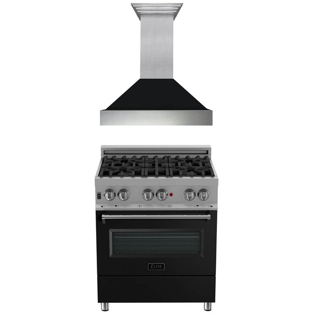 Z-Line - 30'' Kitchen Package with DuraSnow Stainless Steel Dual Fuel Range with Black Matte Door and Convertible Vent Range Hood - Stainless Steel