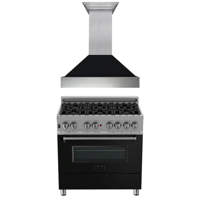 Z-Line - 36'' Kitchen Package with DuraSnow Stainless Steel Dual Fuel Range with Black Matte Door and Convertible Vent Range Hood - Stainless Steel