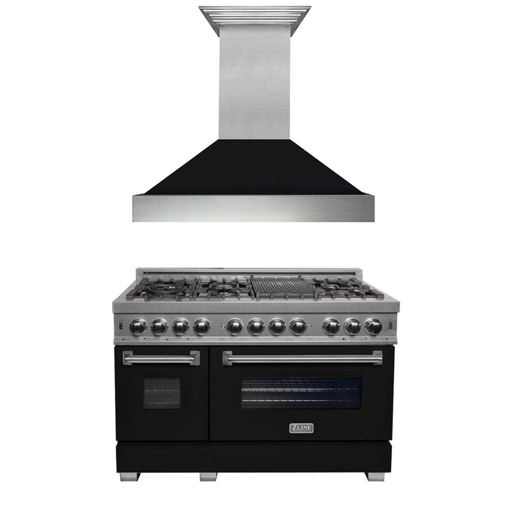 Z-Line - 48'' Kitchen Package with DuraSnow Stainless Steel Dual Fuel Range with Black Matte Door and Convertible Vent Range Hood - Stainless Steel