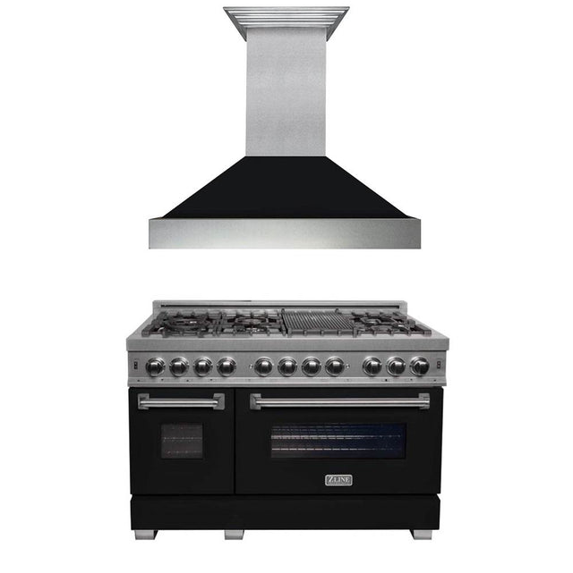 Z-Line - 48'' Kitchen Package with DuraSnow Stainless Steel Dual Fuel Range with Black Matte Door and Convertible Vent Range Hood - Stainless Steel