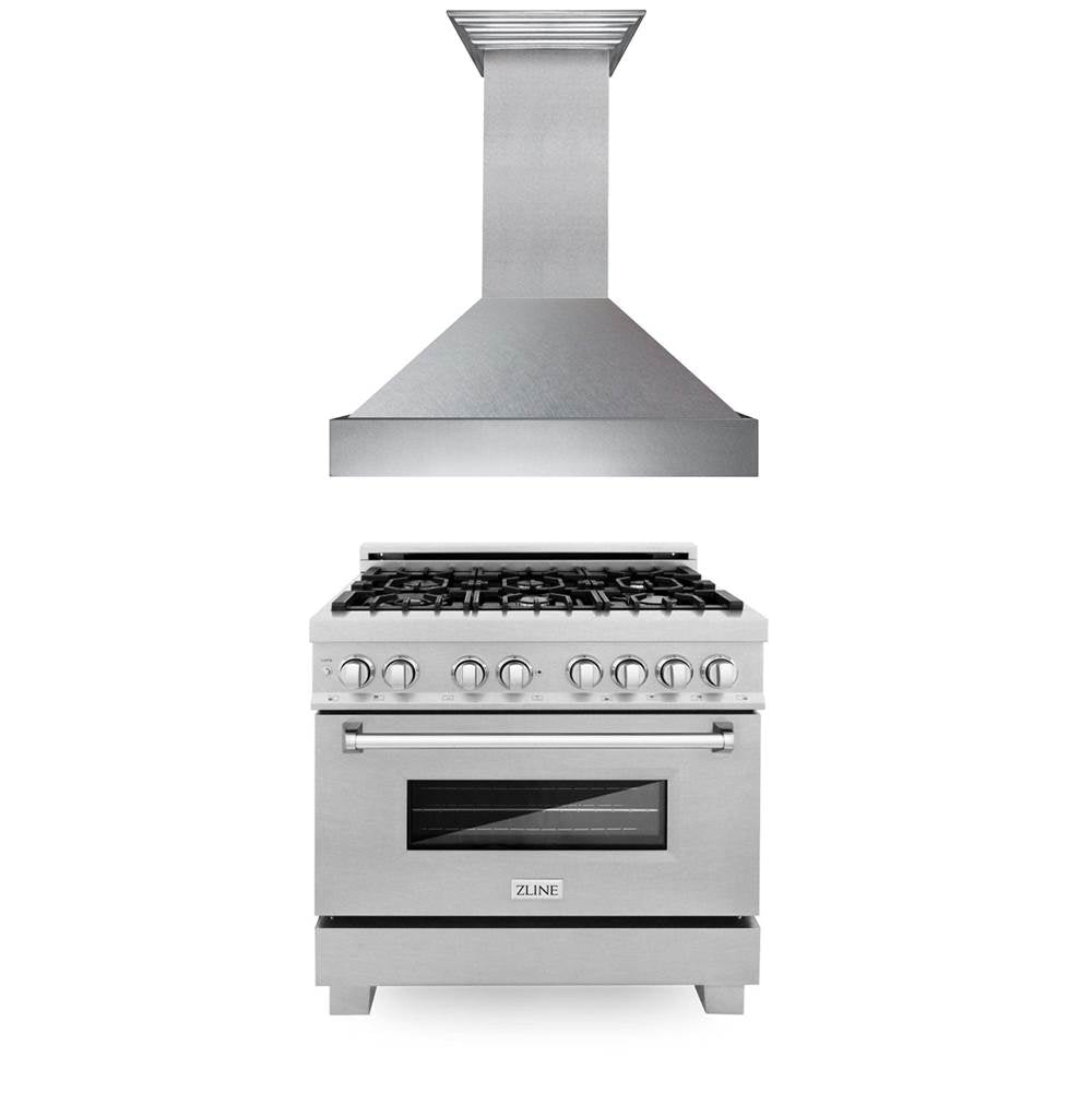 Z-Line - 36'' Kitchen Package with DuraSnow Stainless Steel Dual Fuel Range and Convertible Vent Range Hood - Stainless Steel
