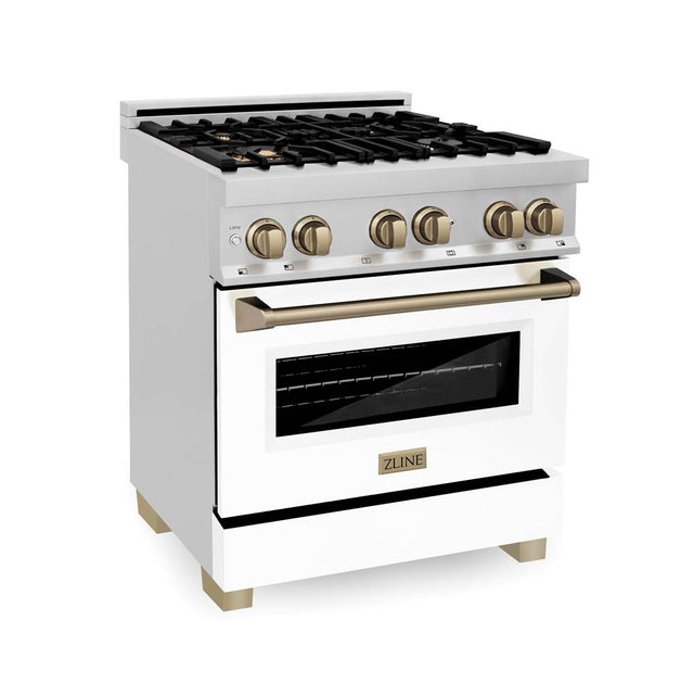 Z-Line - Autograph Edition 24'' 2.8 cu.' Dual Fuel Range with Gas Stove and Electric Oven in Stainless Steel with White Matte Door and CB Accents - Champagne Bronze