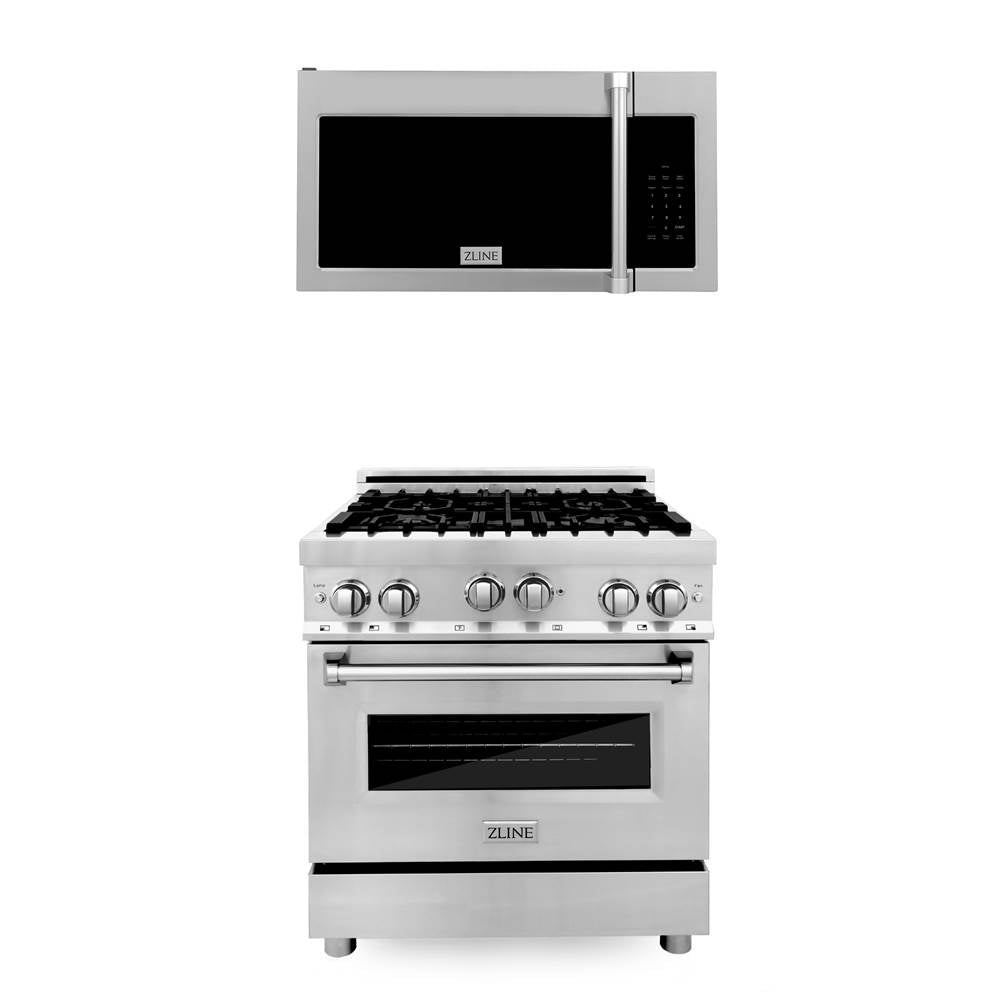 Z-Line - 30'' Kitchen Package Stainless Steel Gas Range and Over The Range Microwave with Traditional Handle - Stainless Steel