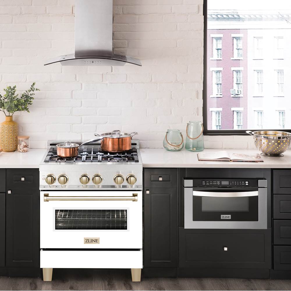 30'' 4.0 cu.' Range with Gas Stove and Gas Oven in DuraSnow Stainless Steel with White Matte Door and Champagne Bronze Accents