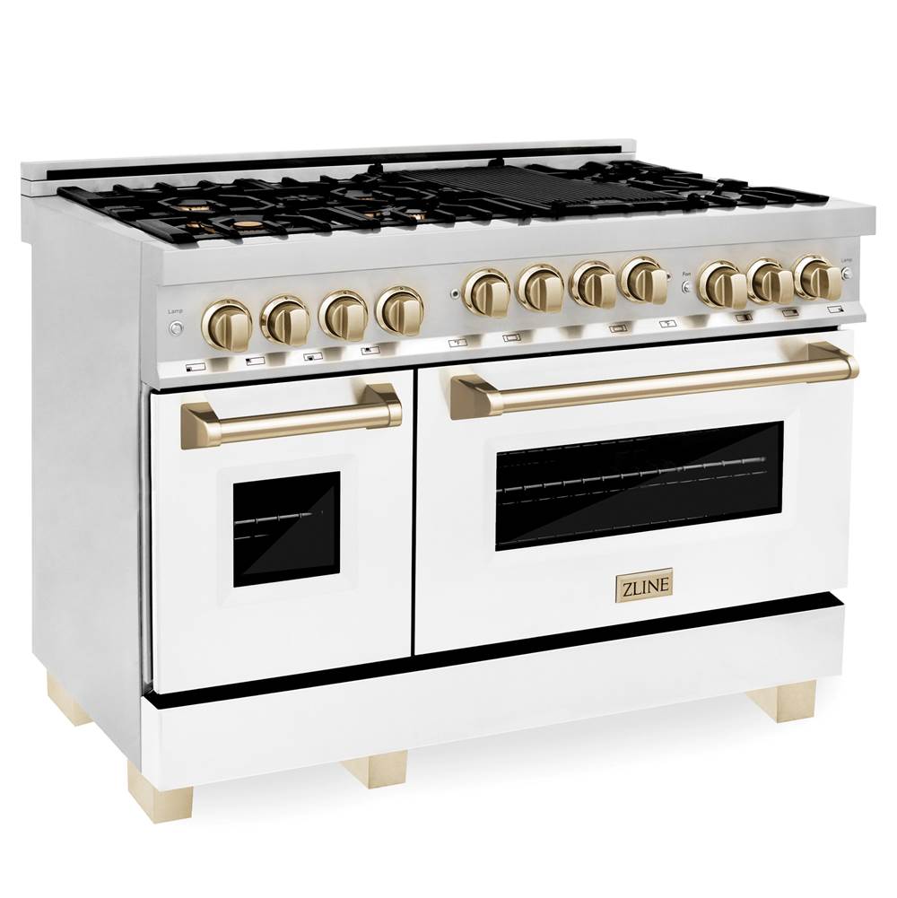 Z-Line - Autograph Edition 48'' 6.0 cu.' Range with Gas Stove and Gas Oven in Stainless Steel with White Matte Door and Champagne Bronze Accents - Champagne Bronze