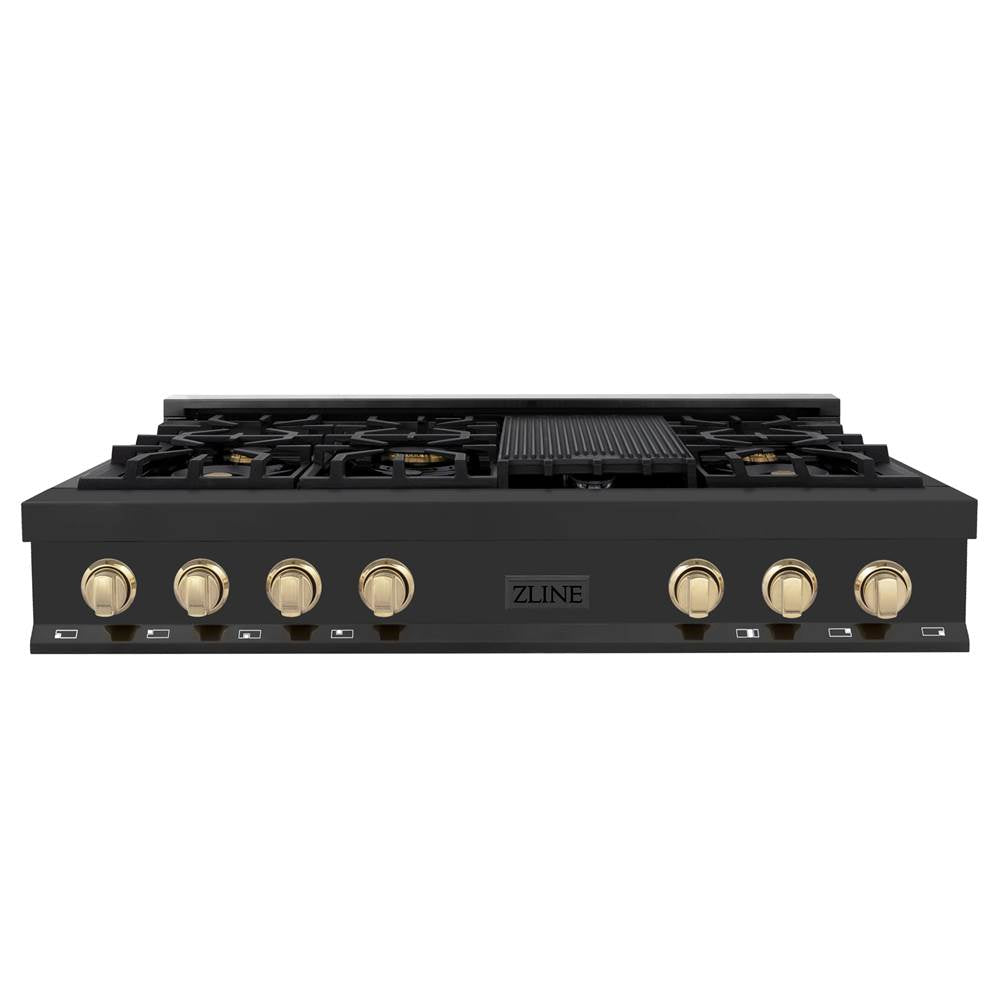 Autograph Edition 48'' Porcelain Rangetop with 7 Gas Burners in Black Stainless Steel and Champagne Bronze Accents