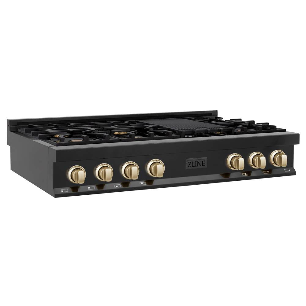 Z-Line - Autograph Edition 48'' Porcelain Rangetop with 7 Gas Burners in Black Stainless Steel and Gold Accents