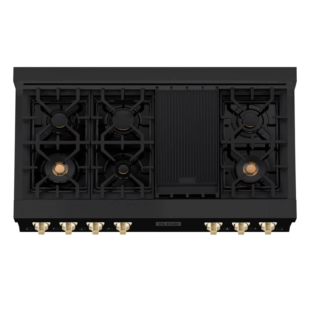 Autograph Edition 48'' Porcelain Rangetop with 7 Gas Burners in Black Stainless Steel and Champagne Bronze Accents