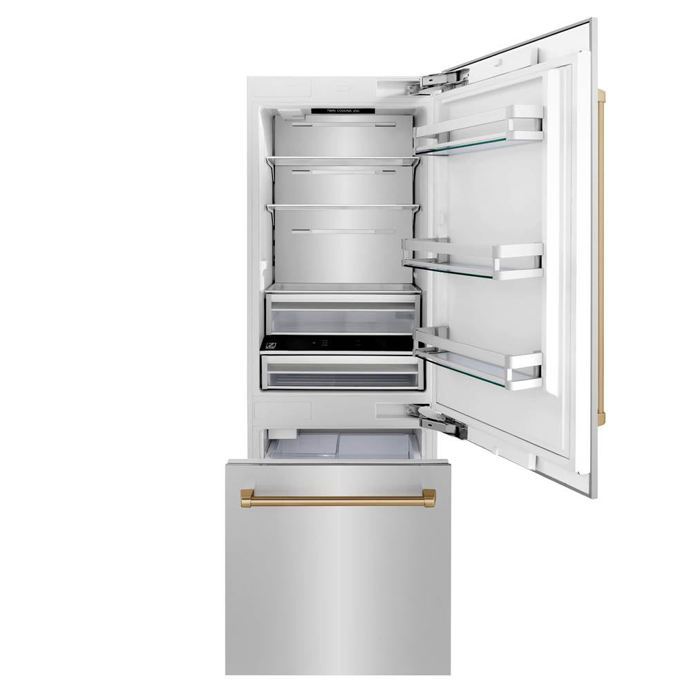 30 Autograph Edition 16.1 cu. ft. Built-in 2-Door Bottom Freezer Refrigerator with Internal Water and Ice Dispenser in Stainless Steel with Champagne Bronze Accents