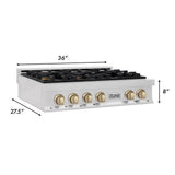 Autograph Edition 36'' Porcelain Rangetop with 6 Gas Burners in DuraSnow Stainless Steel and Champagne Bronze Accents