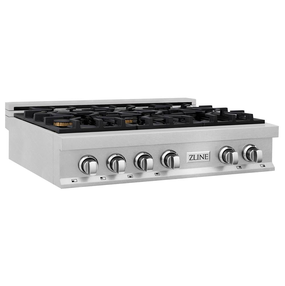Z-Line - 36'' Porcelain Gas Stovetop in DuraSnow Stainless Steel with 6 Gas Brass Burners - DuraSnow Stainless Steel