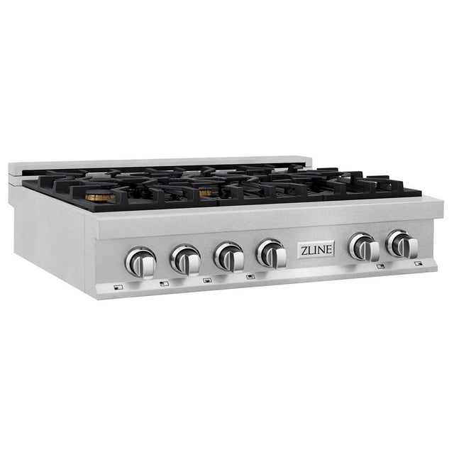 Z-Line - 36'' Porcelain Gas Stovetop in DuraSnow Stainless Steel with 6 Gas Brass Burners - DuraSnow Stainless Steel