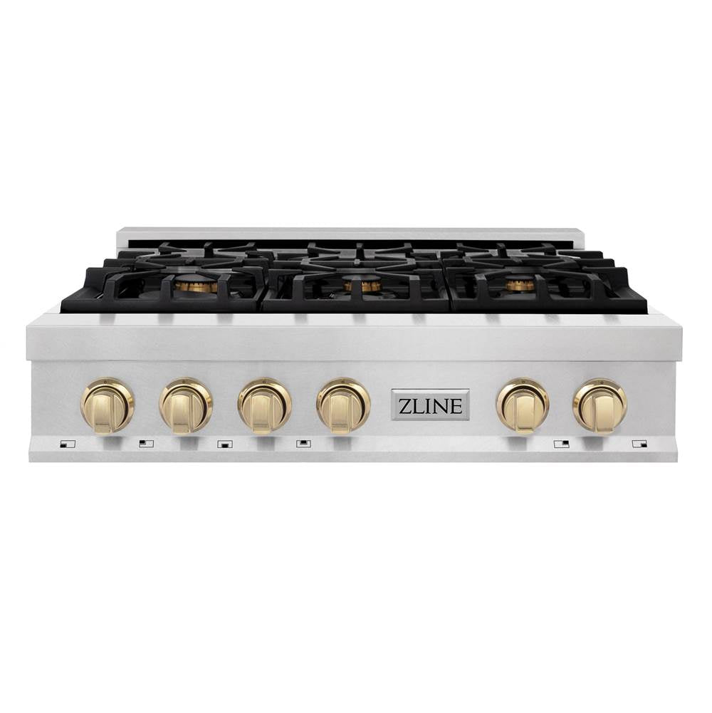 Autograph Edition 36'' Porcelain Rangetop with 6 Gas Burners in DuraSnow Stainless Steel and Champagne Bronze Accents
