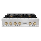 Autograph Edition 36'' Porcelain Rangetop with 6 Gas Burners in DuraSnow Stainless Steel and Champagne Bronze Accents