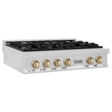 Z-Line - Autograph Edition 36'' Porcelain Rangetop with 6 Gas Burners in DuraSnow Stainless Steel and Gold Accents