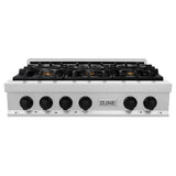Autograph Edition 36'' Porcelain Rangetop with 6 Gas Burners in DuraSnow Stainless Steel and Champagne Bronze Accents