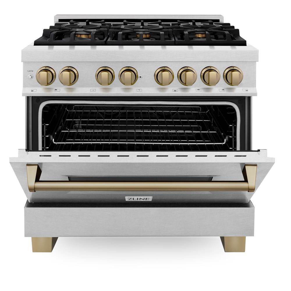 Autograph Edition 36'' 4.6 cu.' Dual Fuel Range with Gas Stove and Electric Oven in DuraSnow Stainless Steel with Champagne Bronze Accents