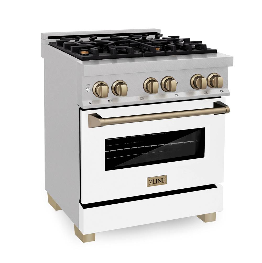 Z-Line - Autograph Edition 30'' 4.0 cu.' Dual Fuel Range with Gas Stove and Electric Oven in DuraSnow Stainless Steel with WM Door and CB Accents - Champagne Bronze