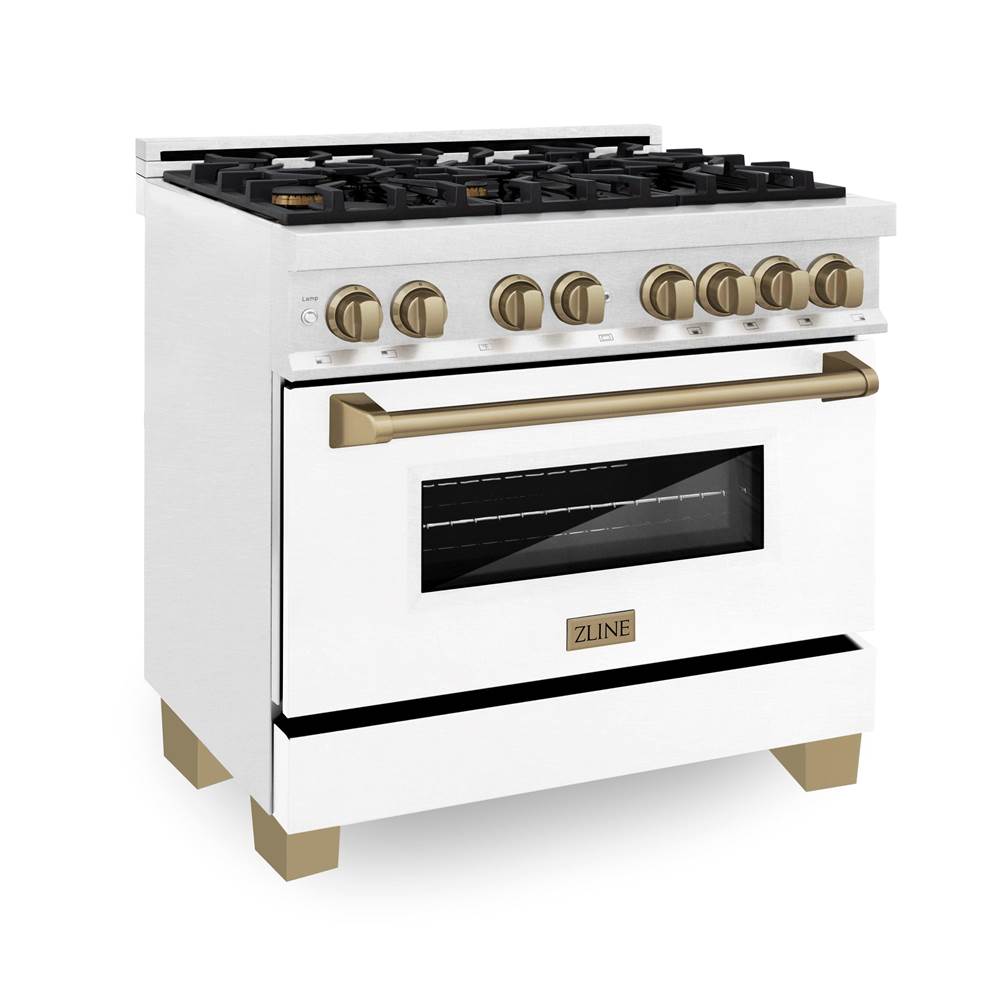 Z-Line - Autograph Edition 36'' 4.6 cu.' Dual Fuel Range with Gas Stove and Electric Oven in DuraSnow Stainless Steel with WM Door and CB Accents - Champagne Bronze