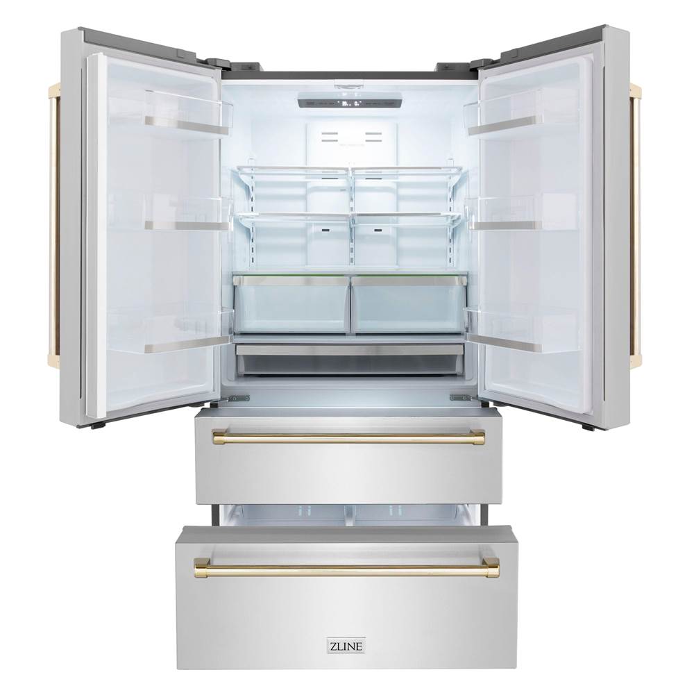 36'' Autograph Edition 22.5 cu. ft Freestanding French Door Refrigerator with Ice Maker in Fingerprint Resistant Stainless Steel with Gold Accents (RFMZ-36-G)