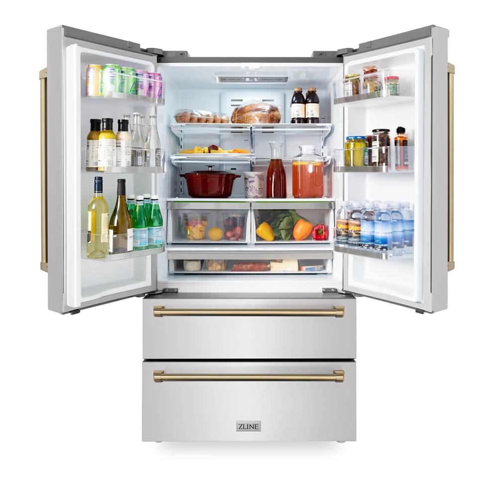 36'' Autograph Edition 22.5 cu. ft Freestanding French Door Refrigerator with Ice Maker in Fingerprint Resistant Stainless Steel with Champagne Bronze Accents