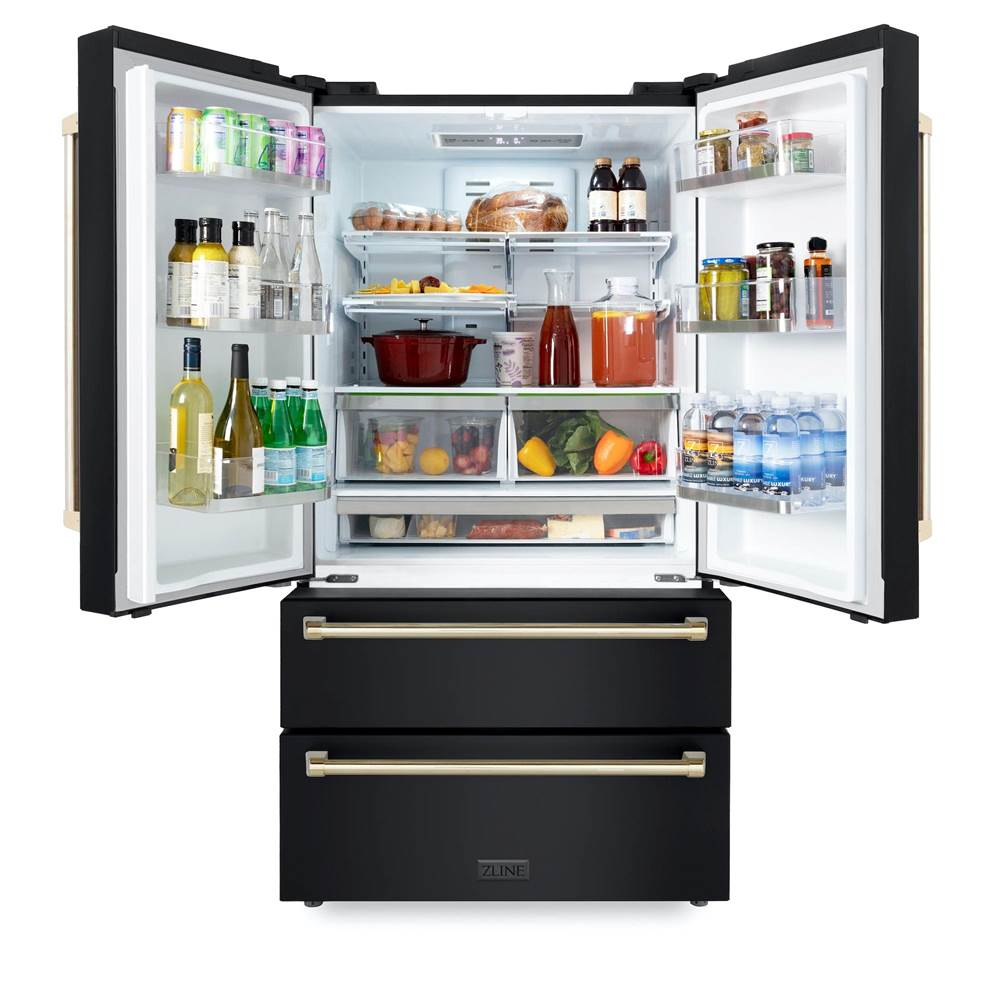 36'' Autograph Edition 22.5 cu. ft Freestanding French Door Refrigerator with Ice Maker in Fingerprint Resistant Black Stainless Steel with Gold Accents (RFMZ-36-BS-G)