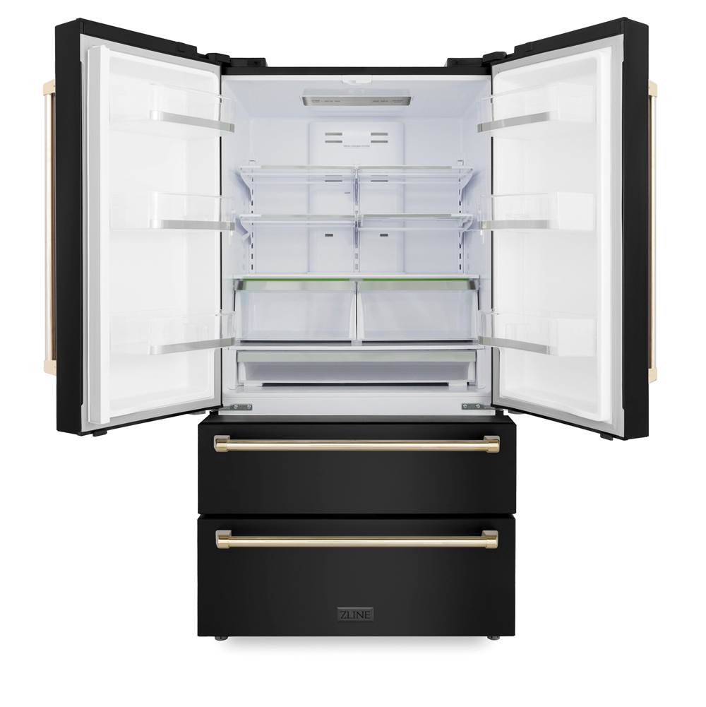 36'' Autograph Edition 22.5 cu. ft Freestanding French Door Refrigerator with Ice Maker in Fingerprint Resistant Black Stainless Steel with Gold Accents (RFMZ-36-BS-G)