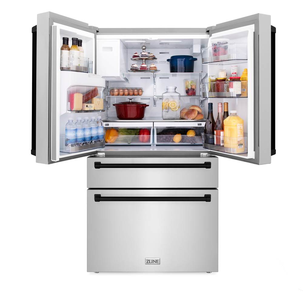 36'' Autograph Edition 21.6 cu. ft Freestanding French Door Refrigerator with Water and Ice Dispenser in Fingerprint Resistant Stainless Steel with Matte Black Accents (RFMZ-36-MB)