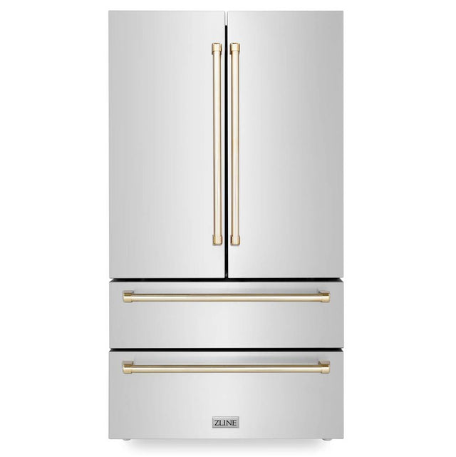 Z-Line - 36'' Autograph Edition 22.5 cu. ft Freestanding French Door Refrigerator with Ice Maker in Fingerprint Resistant Stainless Steel with Gold Accents (RFMZ-36-G)