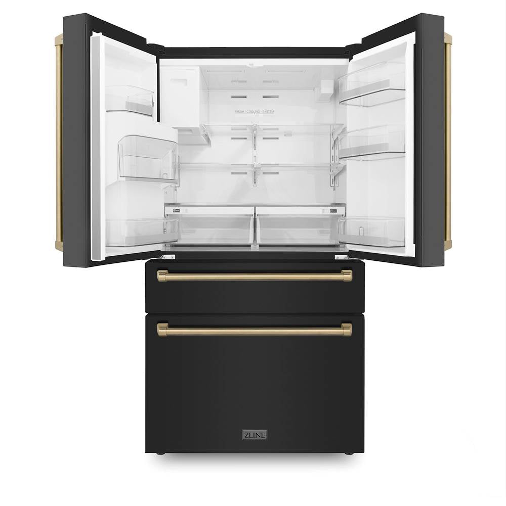 36'' Autograph Edition 21.6 cu. ft Freestanding French Door Refrigerator with Water and Ice Dispenser in Fingerprint Resistant Black Stainless Steel with Champagne Bronze Handles