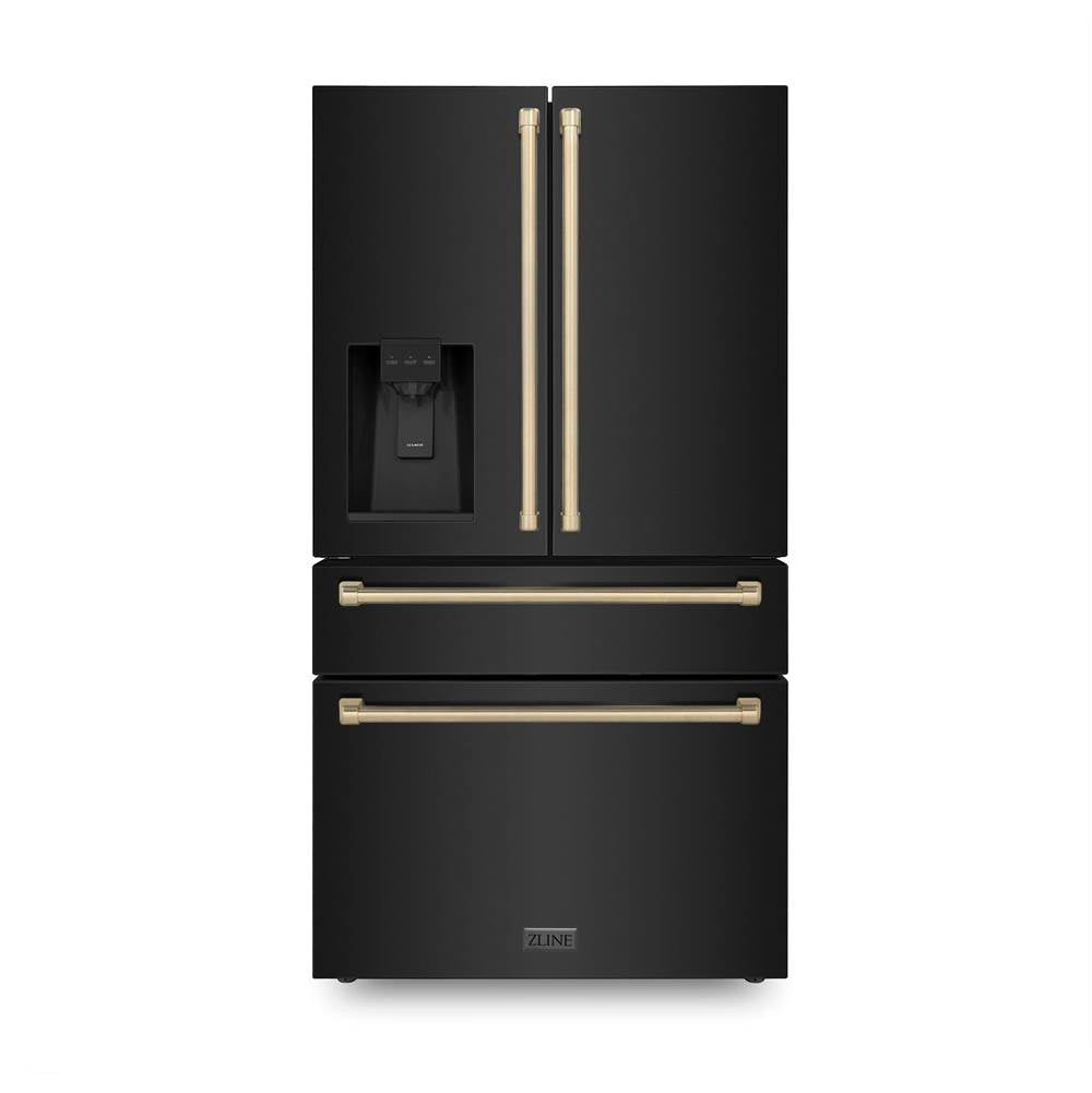 Z-Line - 36'' Autograph Edition 21.6 cu. ft Freestanding French Door Refrigerator with Water and Ice Dispenser in Fingerprint Resistant Black Stainless Steel with Champagne Bronze Handles - Black Stainless Steel