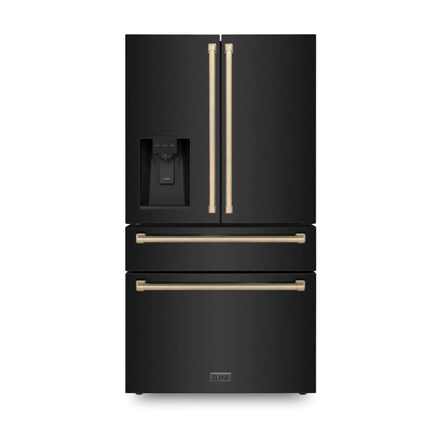 Z-Line - 36'' Autograph Edition 21.6 cu. ft Freestanding French Door Refrigerator with Water and Ice Dispenser in Fingerprint Resistant Black Stainless Steel with Champagne Bronze Handles - Black Stainless Steel