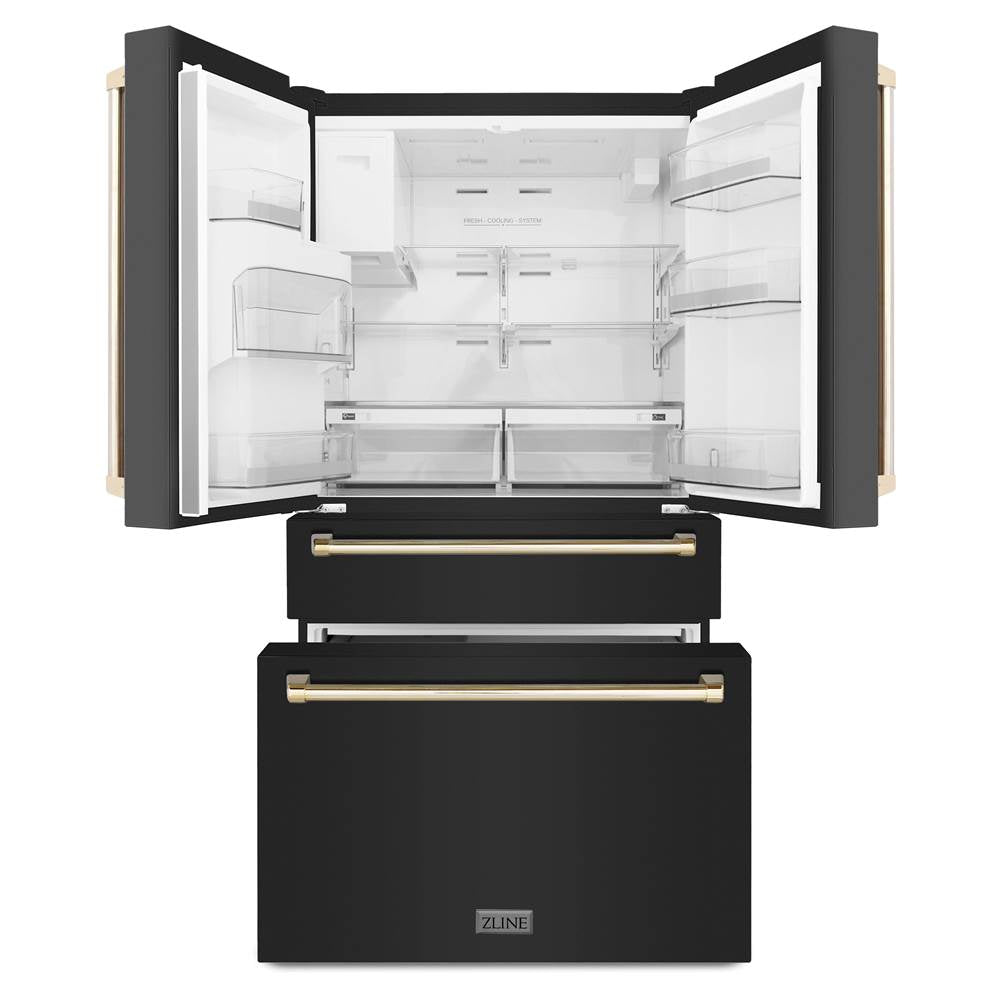 36'' Autograph Edition 21.6 cu. ft Freestanding French Door Refrigerator with Water and Ice Dispenser in Fingerprint Resistant Black Stainless Steel with Gold Handles