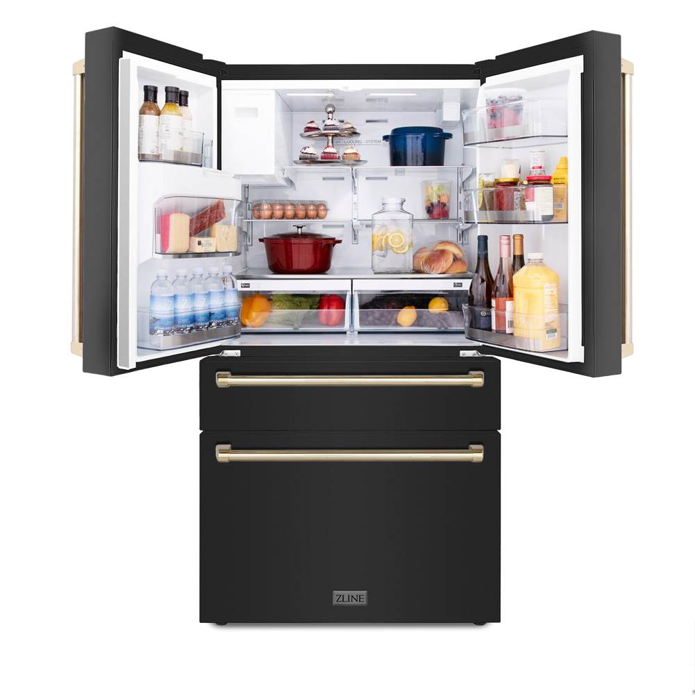 36'' Autograph Edition 21.6 cu. ft Freestanding French Door Refrigerator with Water and Ice Dispenser in Fingerprint Resistant Black Stainless Steel with Gold Handles