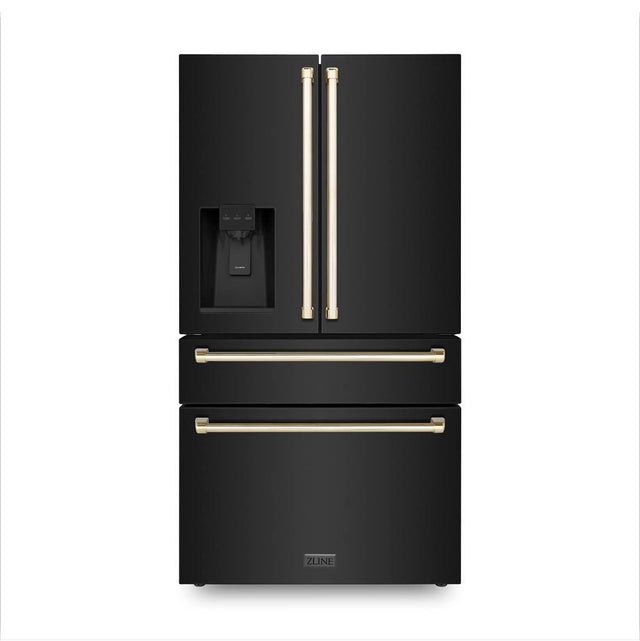 Z-Line - 36'' Autograph Edition 21.6 cu. ft Freestanding French Door Refrigerator with Water and Ice Dispenser in Fingerprint Resistant Black Stainless Steel with Gold Handles - Black Stainless Steel
