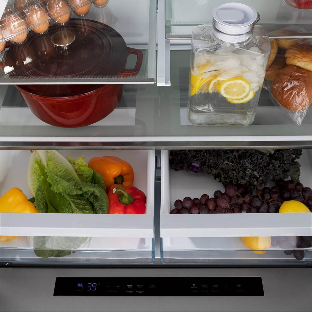 36'' Autograph Edition 21.6 cu. ft Freestanding French Door Refrigerator with Water and Ice Dispenser in Fingerprint Resistant Black Stainless Steel with Champagne Bronze Handles