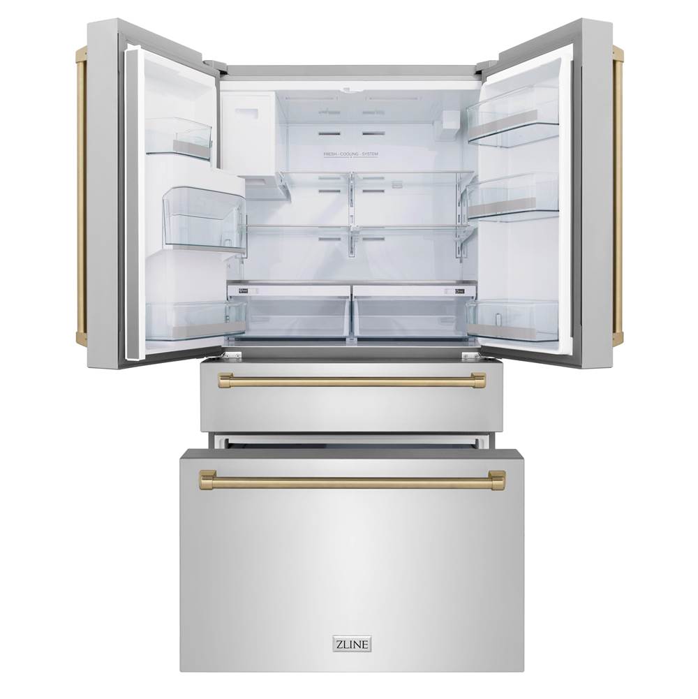 36'' Autograph Edition 21.6 cu. ft Freestanding French Door Refrigerator with Water and Ice Dispenser in Fingerprint Resistant Black Stainless Steel with Champagne Bronze Handles
