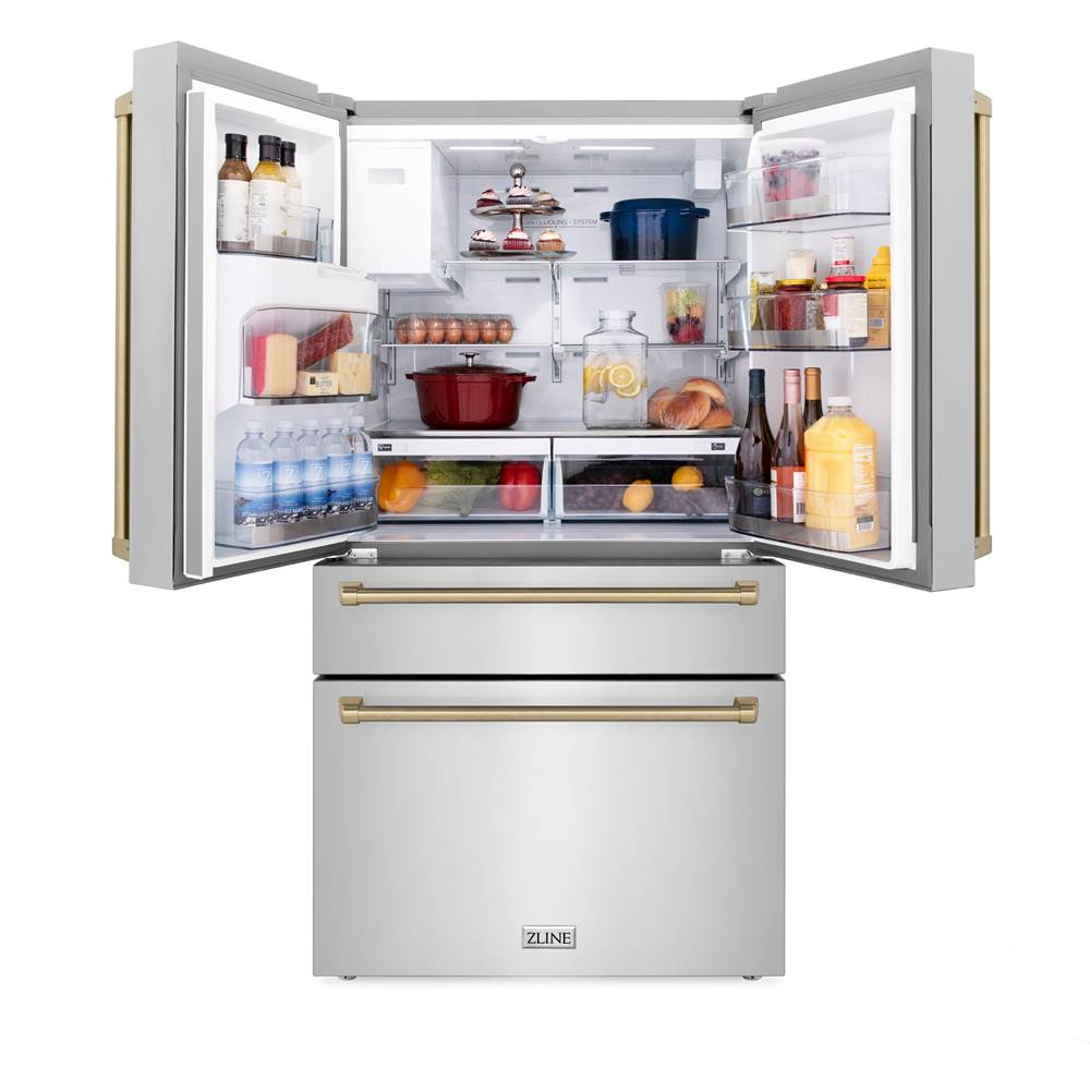 36'' Autograph Edition 21.6 cu. ft Freestanding French Door Refrigerator with Water and Ice Dispenser in Fingerprint Resistant Black Stainless Steel with Champagne Bronze Handles