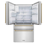 36'' Autograph Edition 21.6 cu. ft Freestanding French Door Refrigerator with Water and Ice Dispenser in Fingerprint Resistant Black Stainless Steel with Champagne Bronze Handles