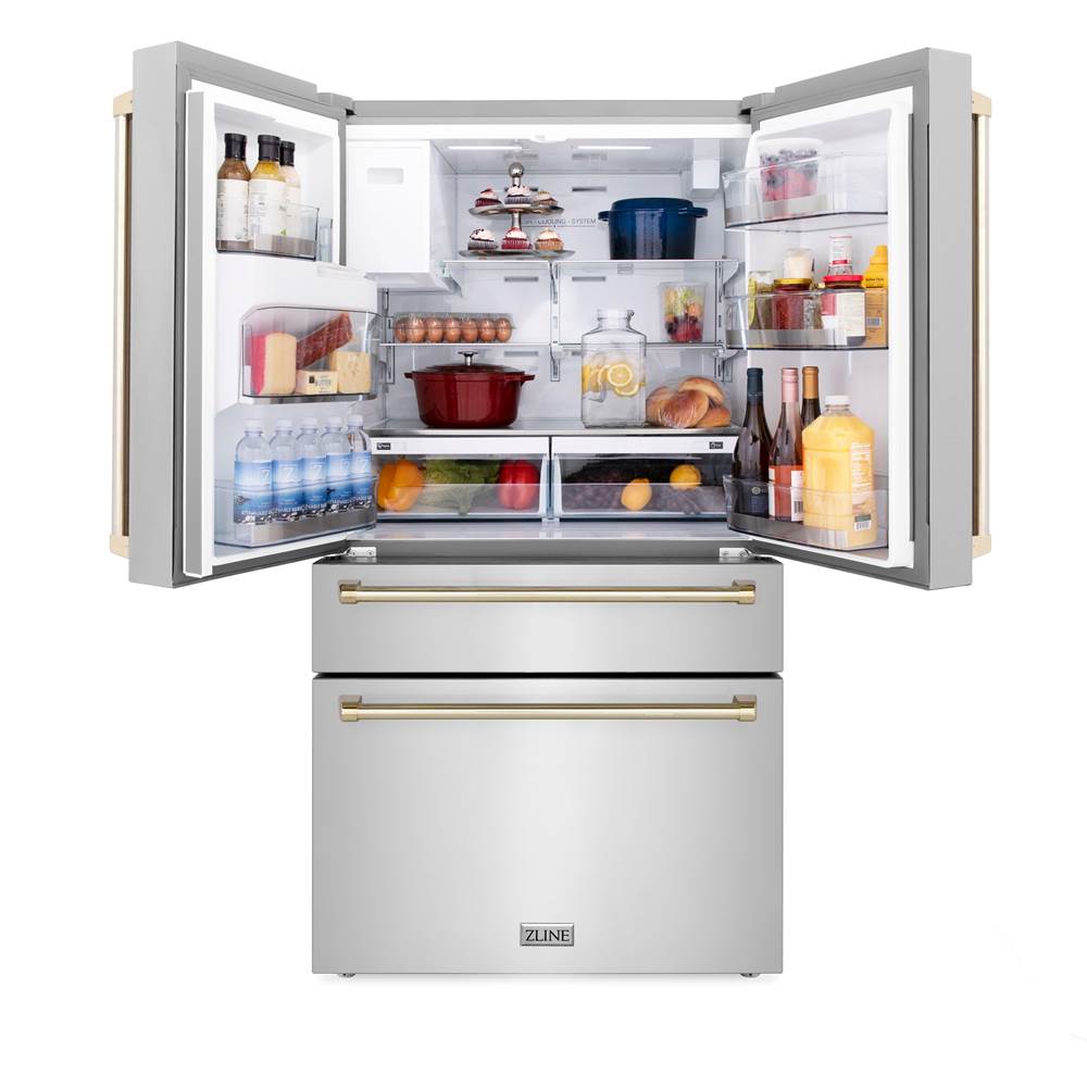 36'' Autograph Edition 21.6 cu. ft Freestanding French Door Refrigerator with Water and Ice Dispenser in Fingerprint Resistant Black Stainless Steel with Gold Handles