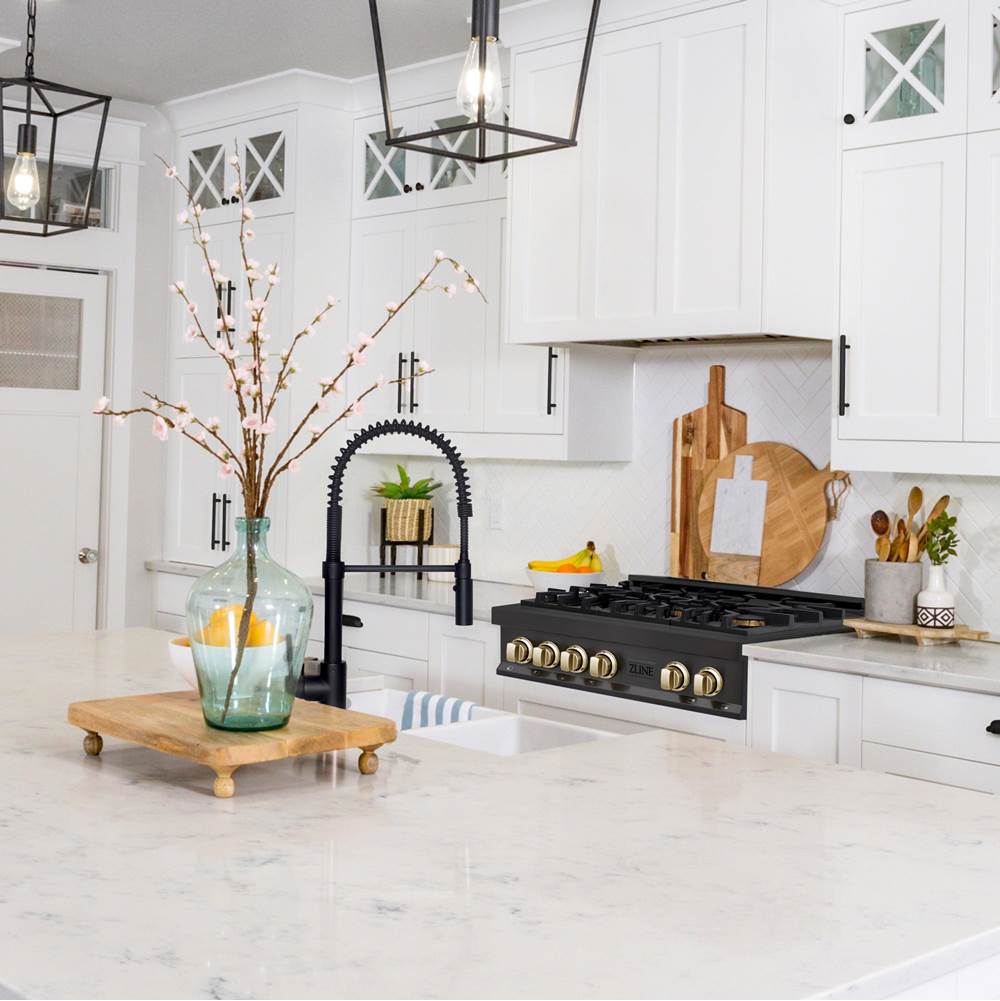 Autograph Edition 36'' Porcelain Rangetop with 6 Gas Burners in Black Stainless Steel and Champagne Bronze Accents