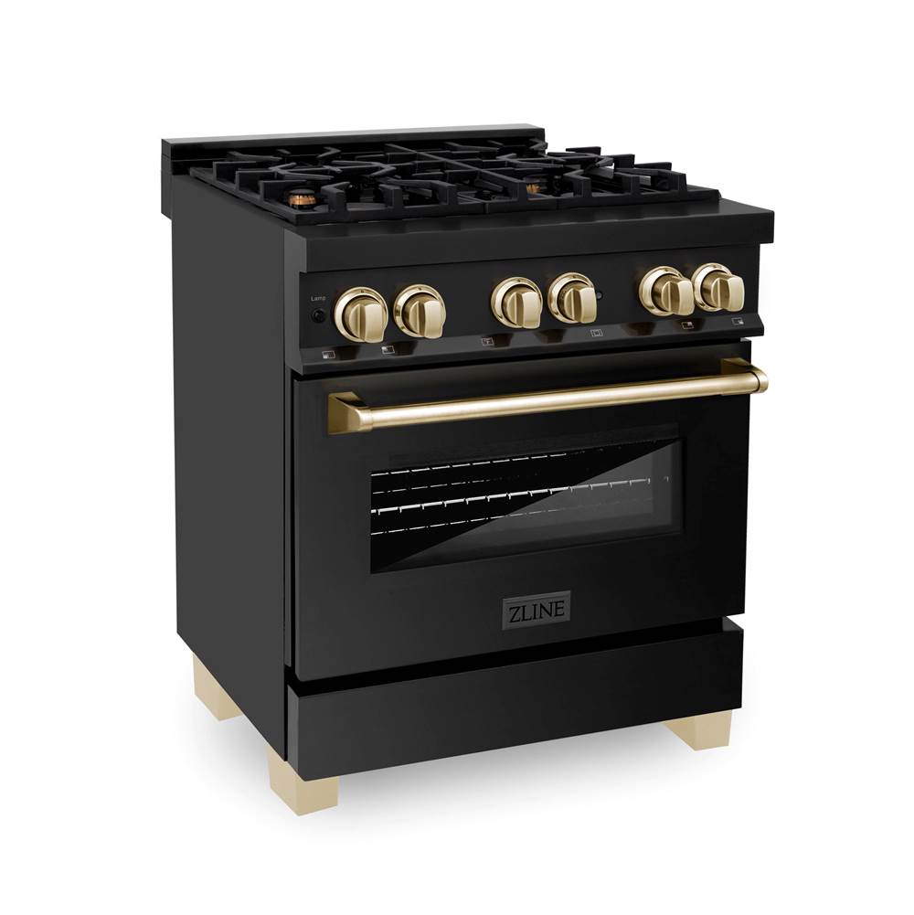 Z-Line - Autograph Edition 30'' 4.0 cu.' Dual Fuel Range with Gas Stove and Electric Oven in Black Stainless Steel with Gold Accents