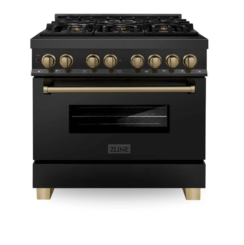 Z-Line - Autograph Edition 36'' 4.6 cu.' Dual Fuel Range with Gas Stove and Electric Oven in Black Stainless Steel with Champagne Bronze Accents - Champagne Bronze