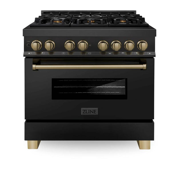 Z-Line - Autograph Edition 36'' 4.6 cu.' Dual Fuel Range with Gas Stove and Electric Oven in Black Stainless Steel with Champagne Bronze Accents - Champagne Bronze
