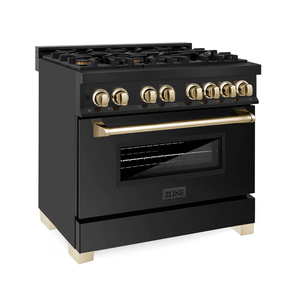 Z-Line - Autograph Edition 36'' 4.6 cu.' Dual Fuel Range with Gas Stove and Electric Oven in Black Stainless Steel with Gold Accents