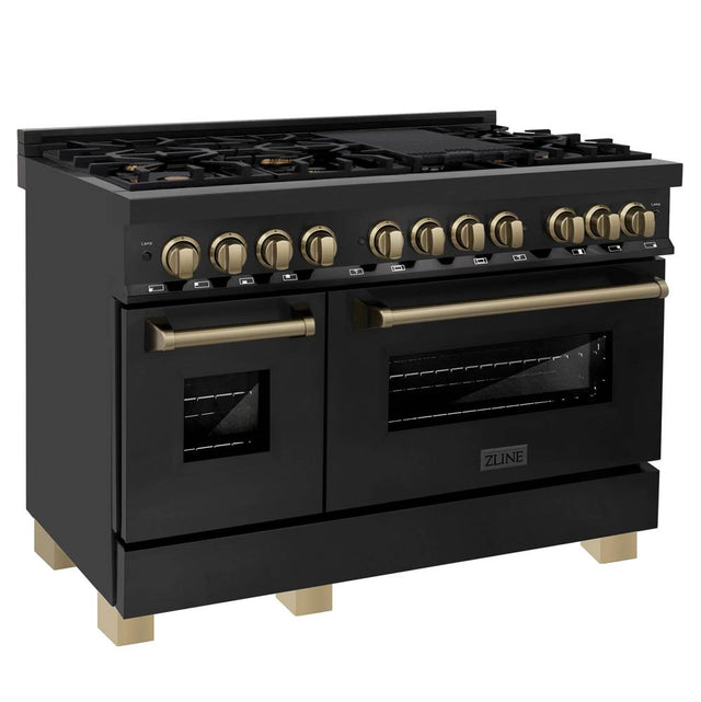 Z-Line - Autograph Edition 48'' 6.0 cu.' Dual Fuel Range with Gas Stove and Electric Oven in Black Stainless Steel with Champagne Bronze Accents - Champagne Bronze