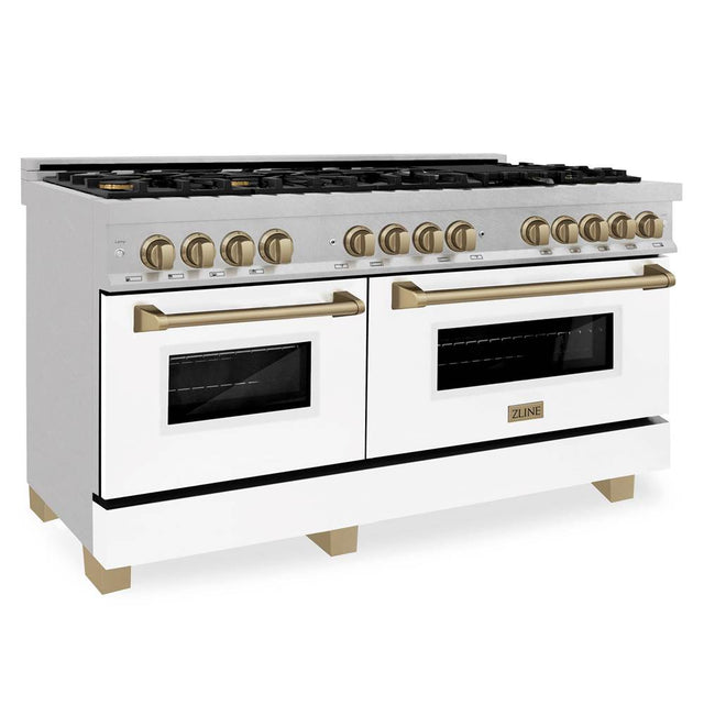 Z-Line - Autograph Edition 60'' 7.4 cu. ft. Dual Fuel Range with Gas Stove and Electric Oven in DuraSnow Stainless Steel with White Matte Door and Champagne Bronze Accents - Champagne Bronze