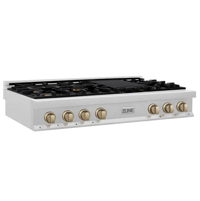 Z-Line - Autograph Edition 48'' Porcelain Rangetop with 7 Gas Burners in DuraSnow Stainless Steel and Champagne Bronze Accents - Champagne Bronze